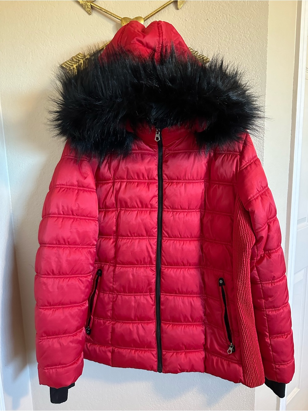Red Puffer Jacket with Faux Fur Hood